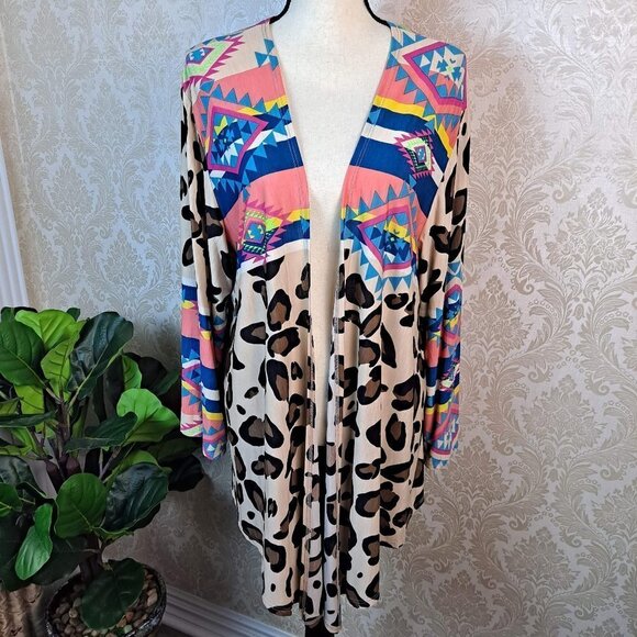 Kimono Open Front Southwestern/Leopard Print Shirttail Hem One Size Long Sleeve - Picture 1 of 10